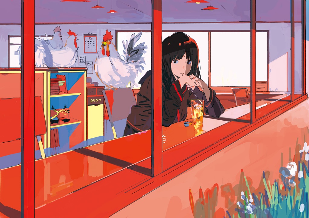 animal, bird, black_eyes, black_hair, drink, original, ukumo_uichi