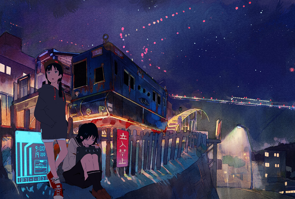 2girls, black_eyes, black_hair, long_hair, original, school_uniform, skirt, sky, socks, stars, train, twintails, ukumo_uichi