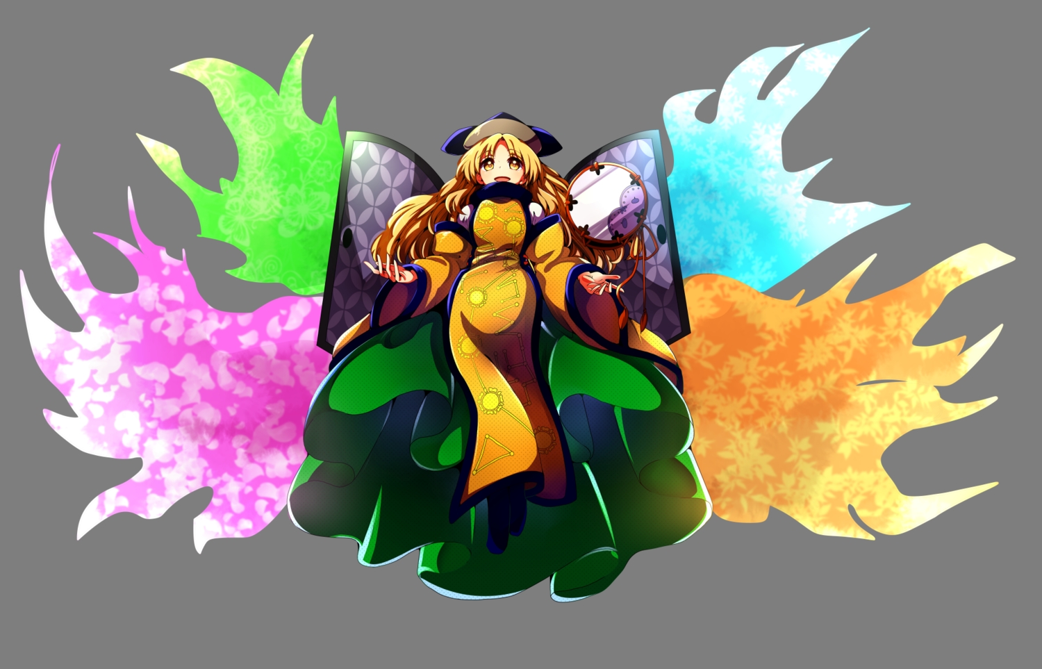baba_(baba_seimaijo), blonde_hair, hat, long_hair, matara_okina, mirror, touhou, transparent, yellow_eyes