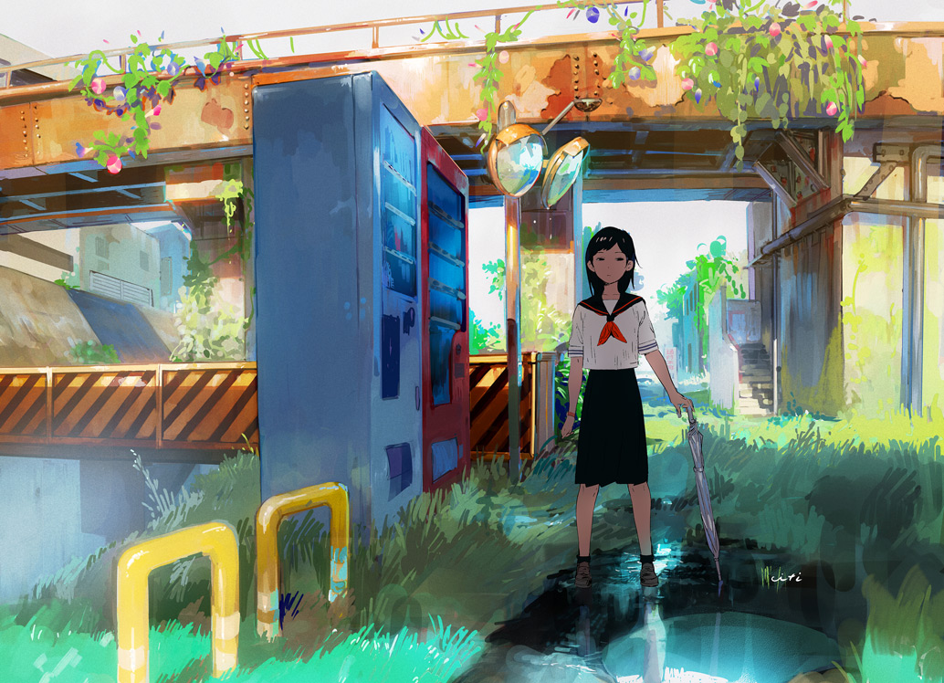 black_hair, grass, jpeg_artifacts, original, scenic, school_uniform, short_hair, signed, skirt, stairs, ukumo_uichi, umbrella, water