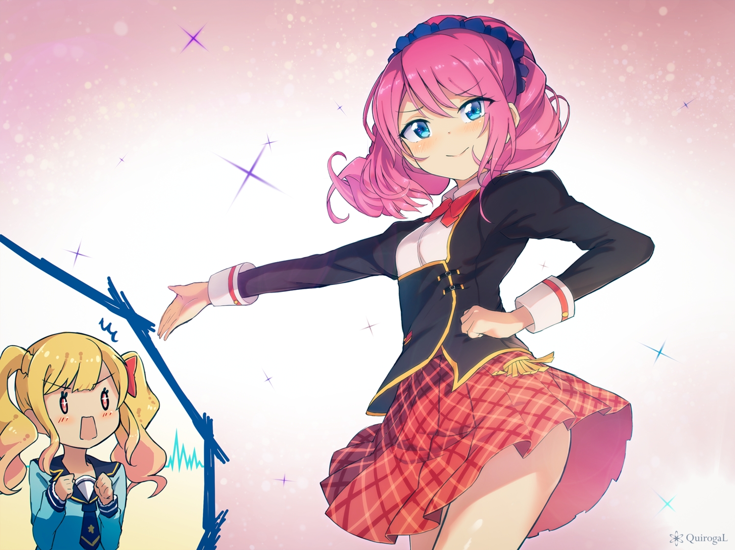 2girls, aikatsu!, aqua_eyes, blonde_hair, blush, bow, long_hair, nasuno_chiyo