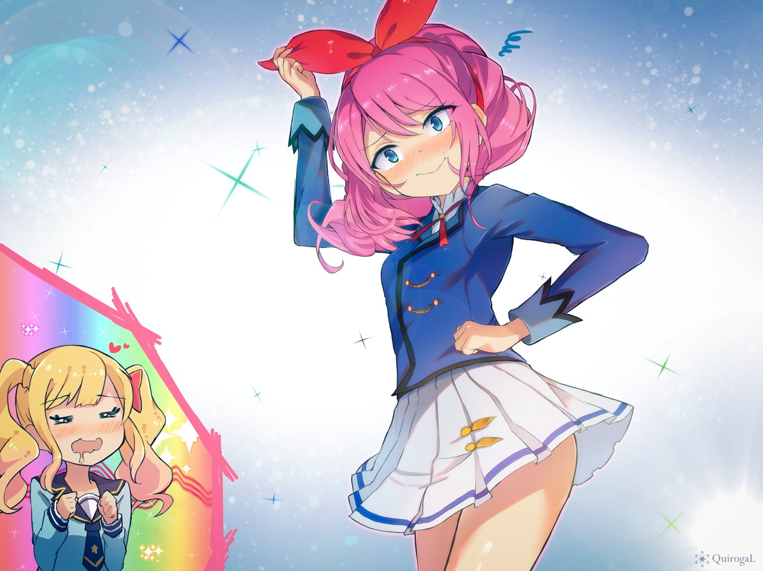 2girls, aikatsu!, aqua_eyes, blonde_hair, blush, long_hair, nasuno_chiyo, nijino_yume