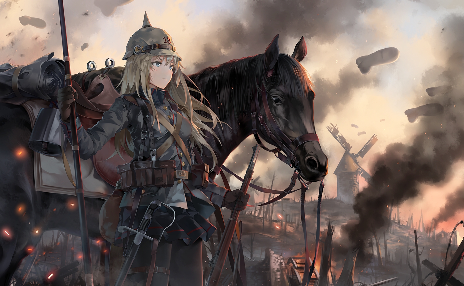 animal, aqua_eyes, battlefield_(series), blonde_hair, gloves, gun, hat, horse