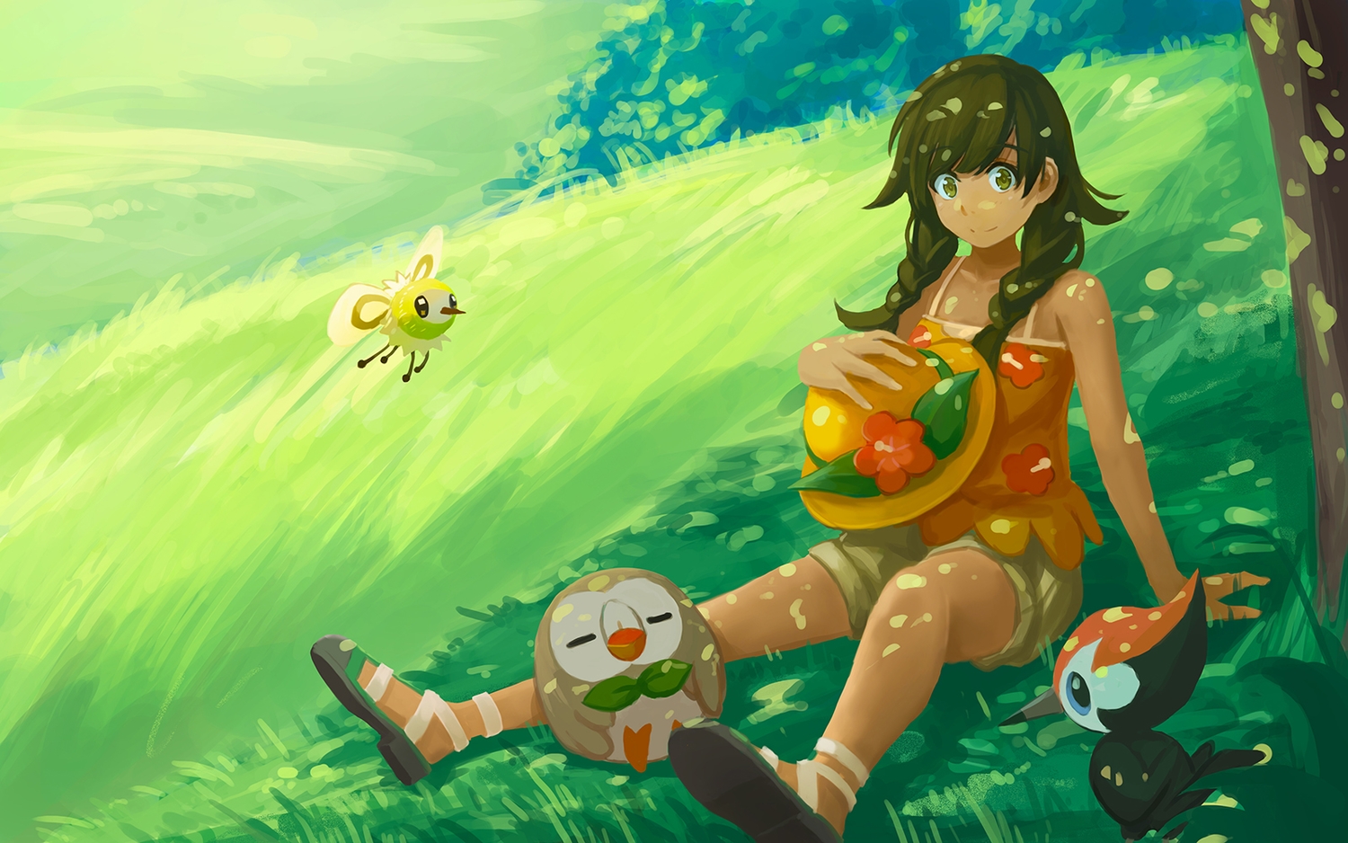 braids, cutiefly, grass, green, green_eyes, green_hair, long_hair, mizuki_(pokemon)