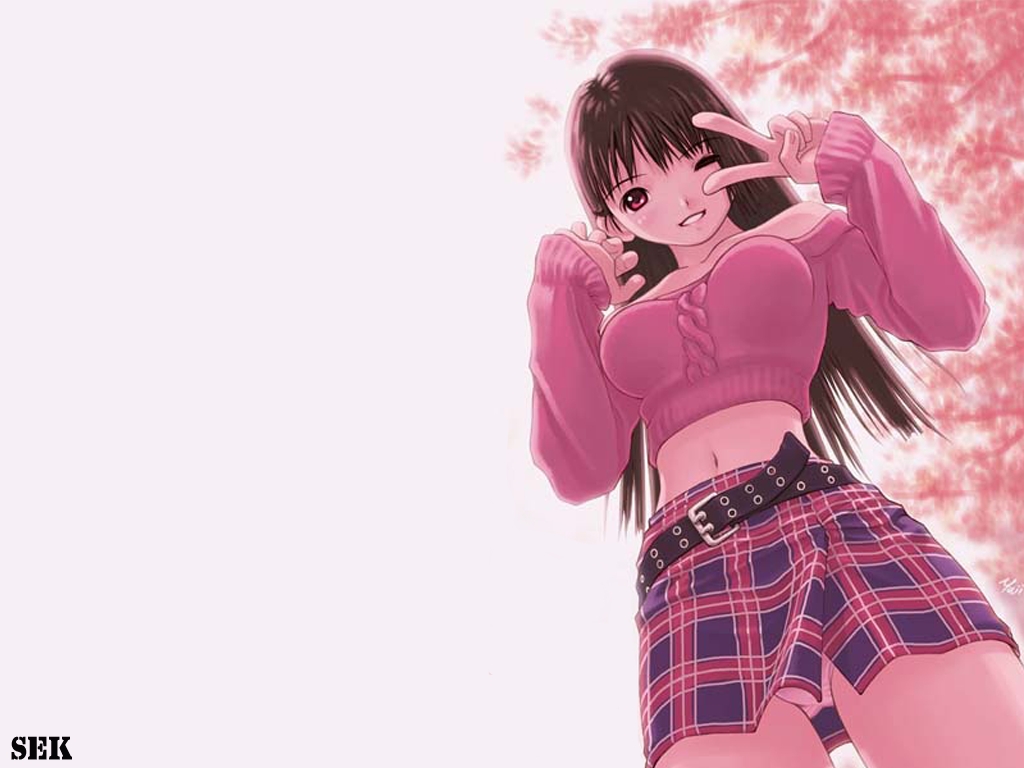 brown_eyes, brown_hair, kobayashi_yuji, panties, skirt, underwear, upskirt, wink