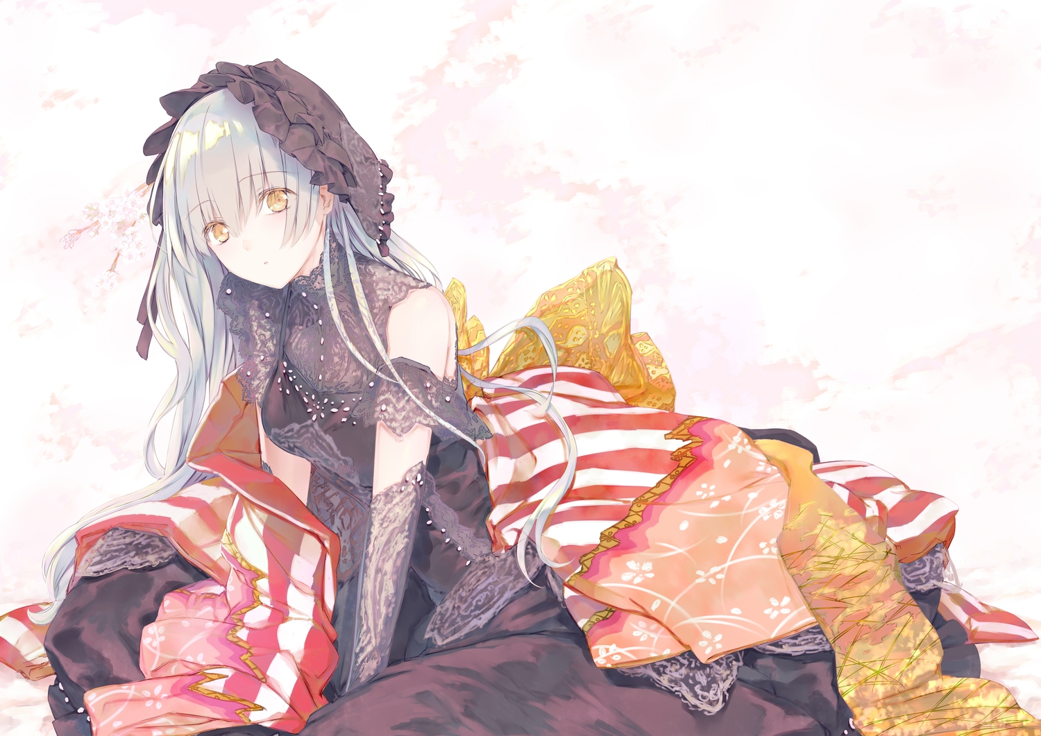 dress, goth-loli, headdress, lolita_fashion, long_hair, original, saijou_haruki, white_hair