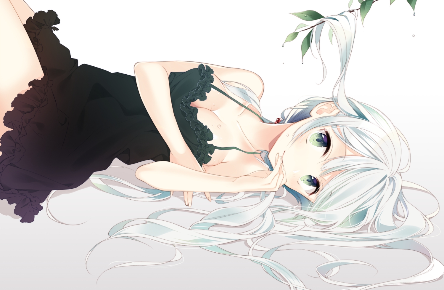 breasts, cleavage, dress, green_eyes, leaves, long_hair, naoto_(tulip), original