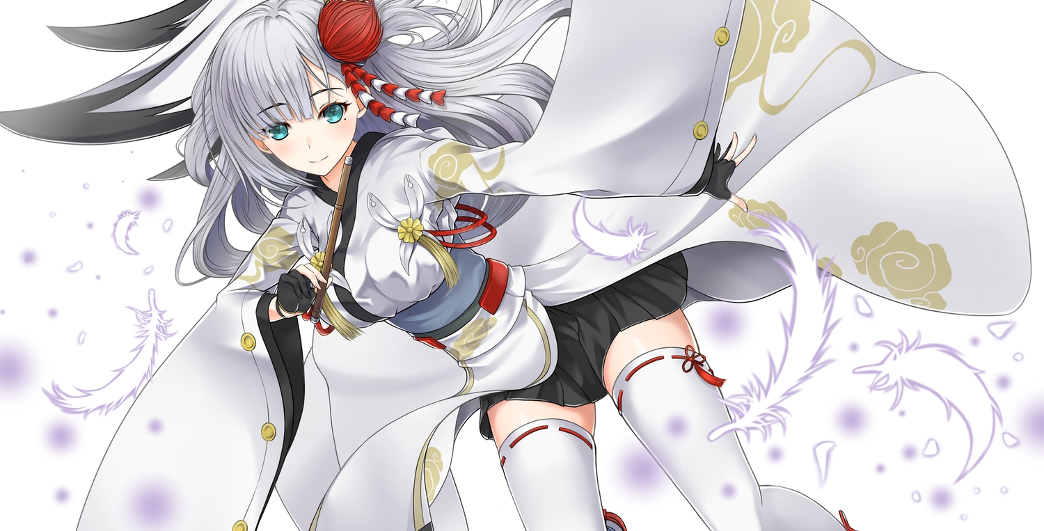 anthropomorphism, aqua_eyes, azur_lane, feathers, gray_hair, hajikaji, japanese_clothes, long_hair