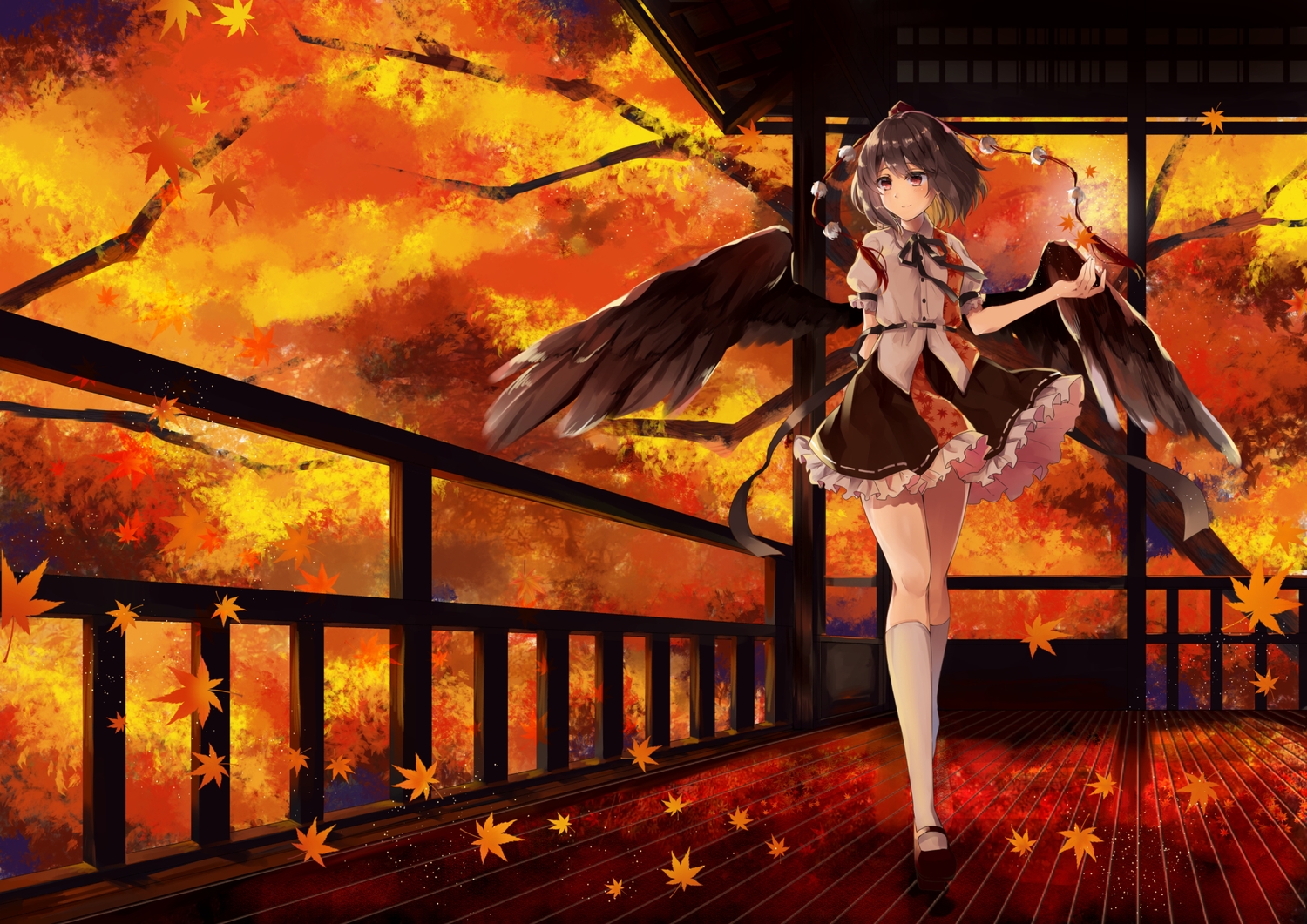 autumn, brown_hair, kisaragi_yuu_(re:lucks), kneehighs, leaves, red_eyes, shameimaru_aya, short_hair, skirt, touhou, wings