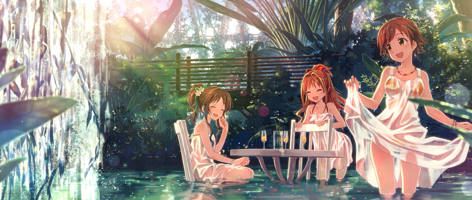 bikini, brown_eyes, brown_hair, dress, flowers, hino_akane_(idolmaster), honda_mio, idolmaster, idolmaster_cinderella_girls, long_hair, necklace, ponytail, ribbons, see_through, short_hair, summer_dress, swimsuit, takamori_aiko, water, yuuki_tatsuya