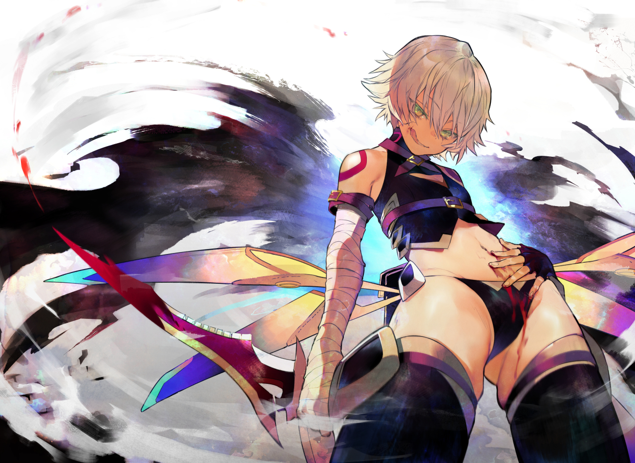 bandage, blood, fate/grand_order, fate_(series), gloves, green_eyes, jack_the_ripper, navel