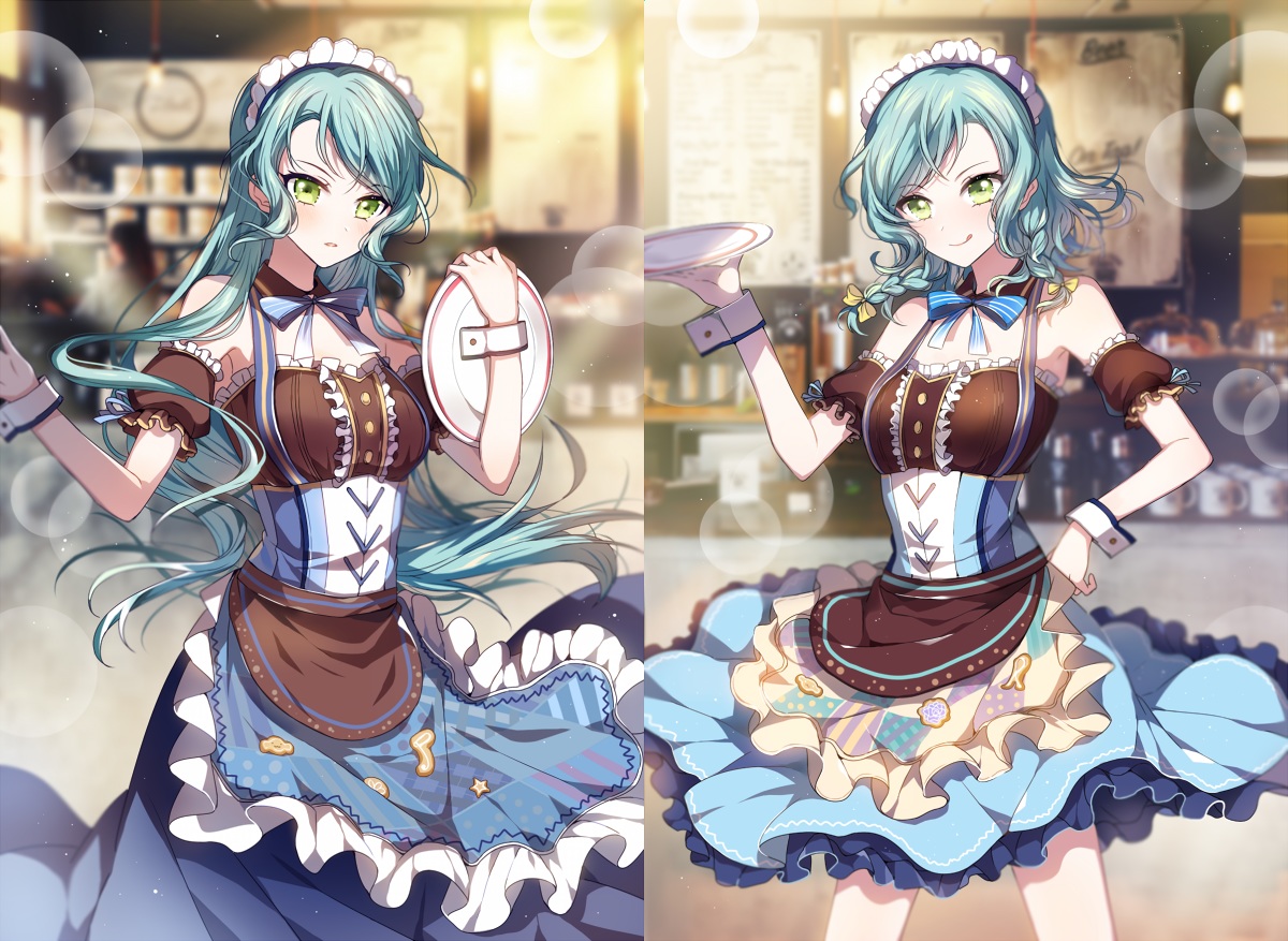 2girls, apron, aqua_hair, bang_dream!, bow, braids, collar, dress, green_eyes, headdress, hikawa_hina, hikawa_sayo, long_hair, maid, n_n_(vbdpsep), short_hair, twins, waitress, wristwear