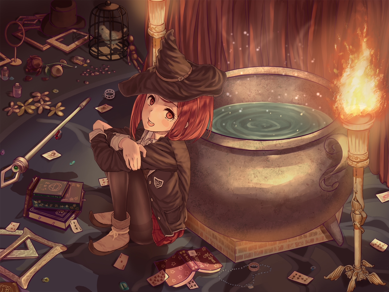 animal, bird, book, cage, dangan-ronpa, doll, flowers, hat