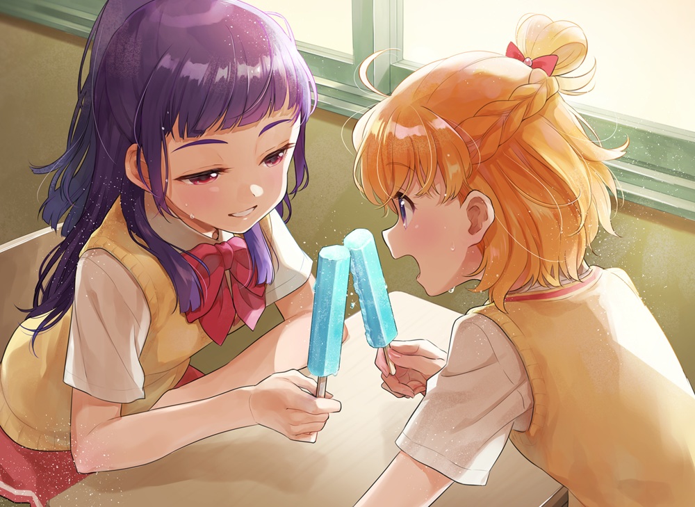2girls, asahina_mirai, bow, braids, gobou_1000, izayoi_riko, long_hair, mahou_girls_precure!, orange_hair, ponytail, popsicle, precure, purple_eyes, purple_hair, red_eyes, school_uniform, short_hair, skirt