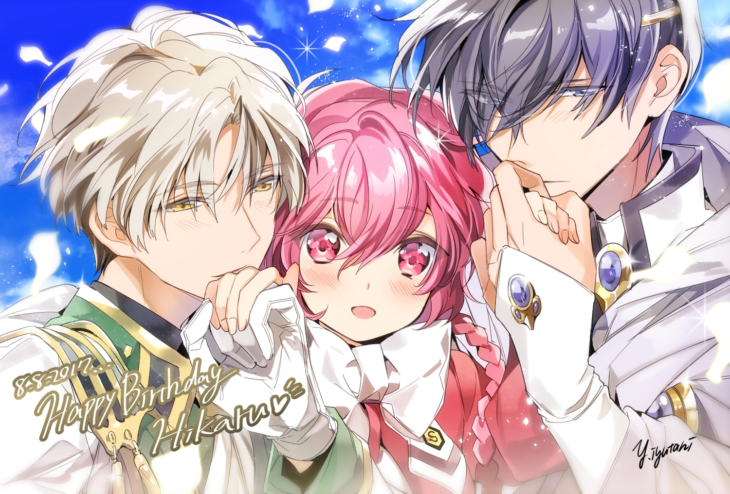 black_hair, blush, brown_hair, eagle_vision, iyutani, lantis_(magic_knight_rayearth), magic_knight_rayearth, male, petals, pink_eyes, pink_hair, shidou_hikaru, short_hair, signed, yellow_eyes