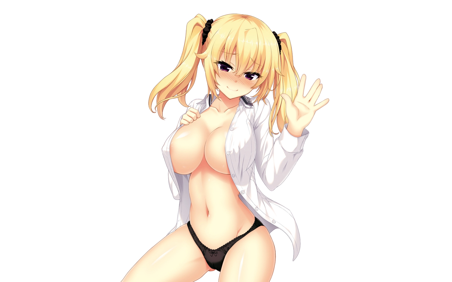 blonde_hair, blush, breasts, cleavage, cropped, long_hair, navel, nora_to_oujo_to_noraneko_heart, oozora_itsuki, open_shirt, panties, patricia_of_end, purple_eyes, shirt, third-party_edit, twintails, underwear, white
