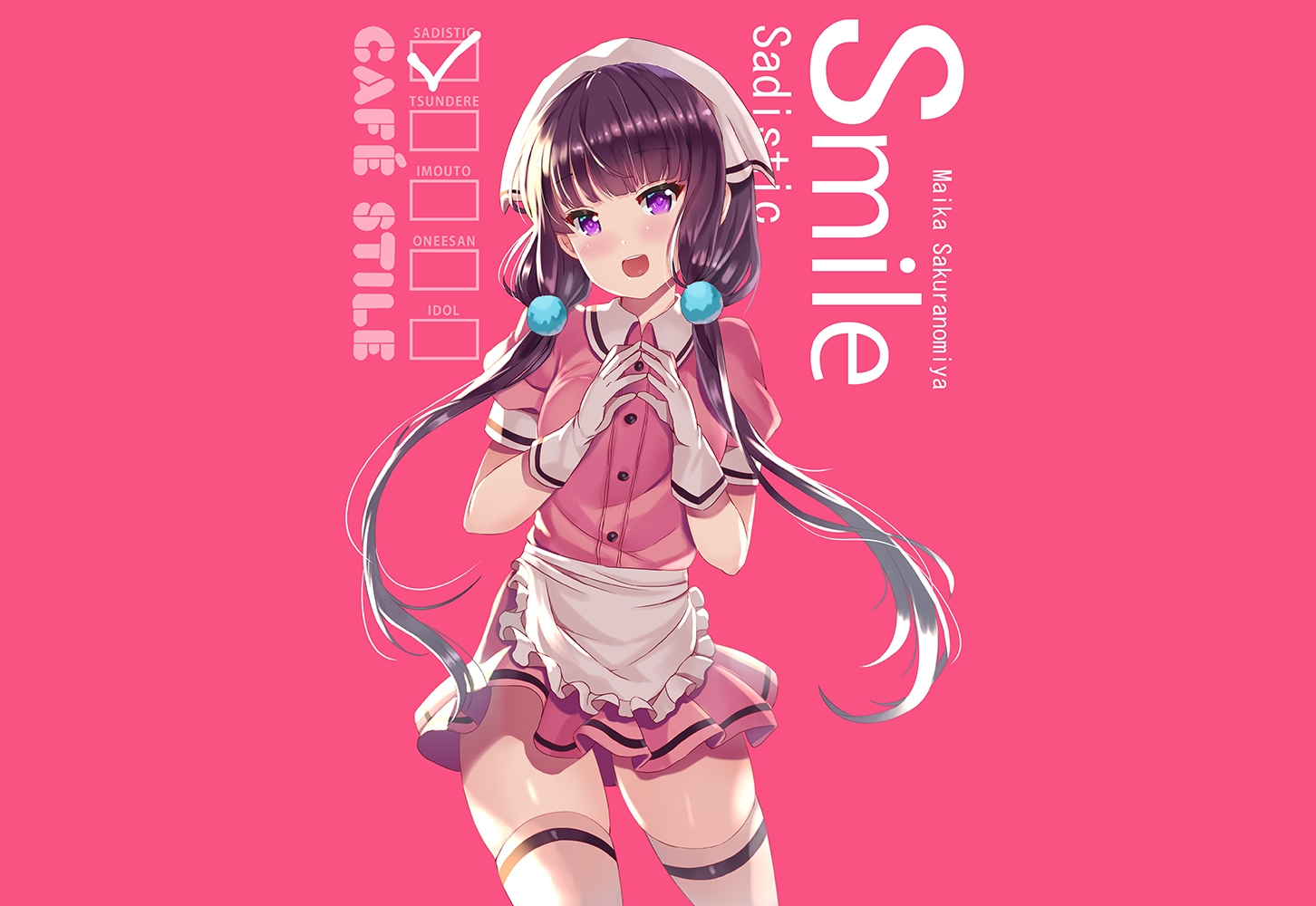 apron, blend_s, blush, brown_hair, gloves, headdress, long_hair, maid, pink, purple_eyes, sakuranomiya_maika, thighhighs, twintails, waitress, xephonia, zettai_ryouiki