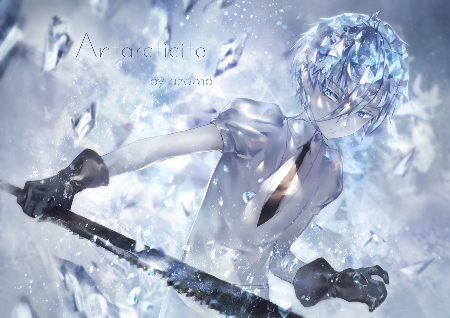 antarcticite, anthropomorphism, avamone, blue_eyes, gloves, gray_hair, houseki_no_kuni, short_hair, sword, watermark, weapon