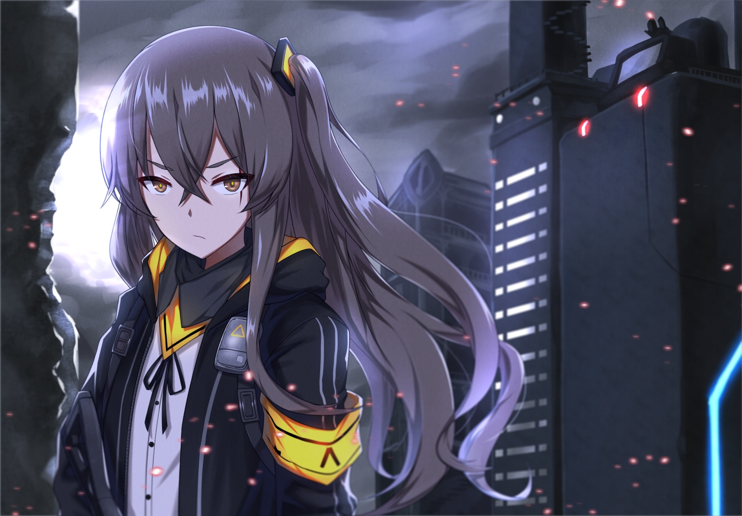 anthropomorphism, brown_eyes, brown_hair, building, city, clouds, girls_frontline, long_hair, pellas_(panix2383), ribbons, scar, ump-45_(girls_frontline)