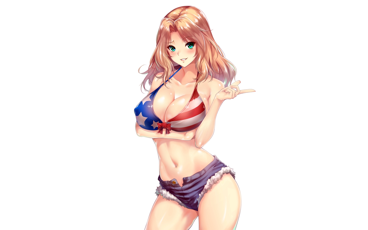bikini_top, breast_hold, erect_nipples, girls_und_panzer, green_eyes, kay_(girls_und_panzer), navel, shorts, swimsuit, third-party_edit, white, zucchini