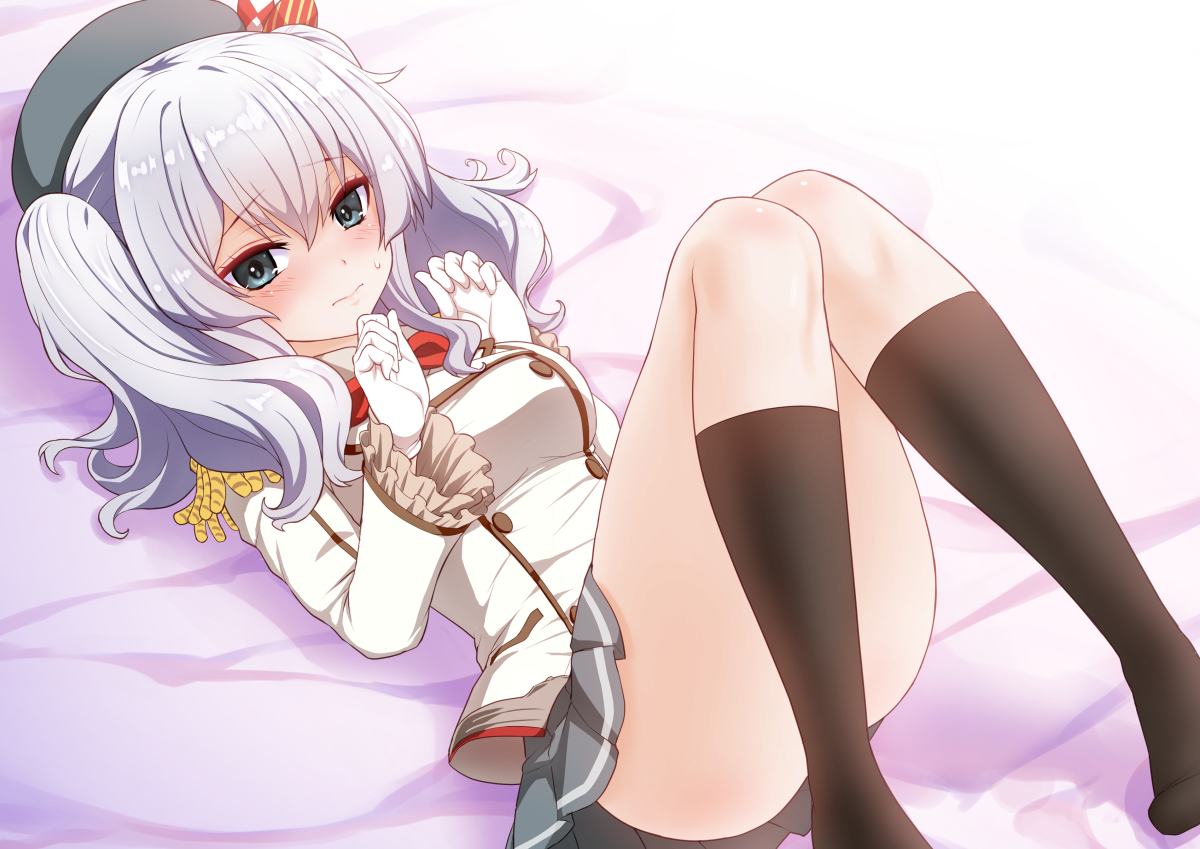 anthropomorphism, blush, bow, gloves, gray_eyes, hat, kantai_collection, kashima_(kancolle), kneehighs, long_hair, shimashima_salmon, skirt, twintails, uniform, white_hair