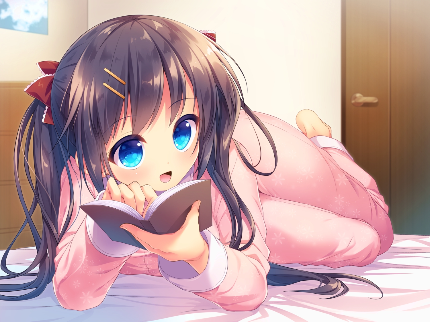 aqua_eyes, barefoot, bed, black_hair, book, long_hair, nametakenoko, original