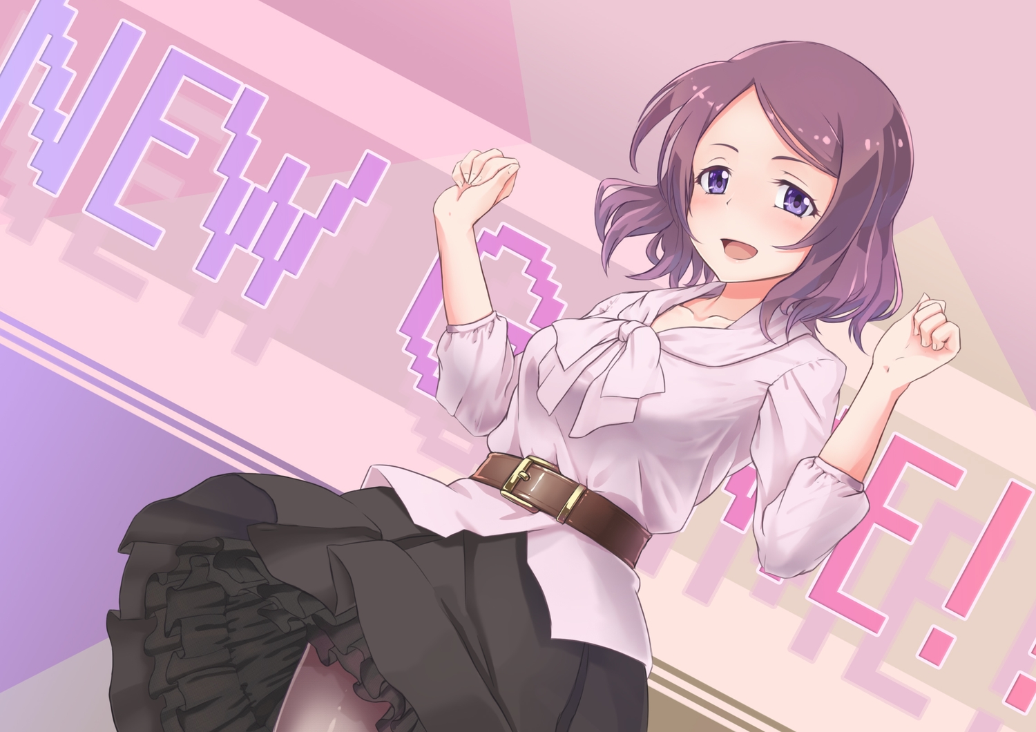blush, bow, new_game!, pantyhose, purple_eyes, purple_hair, short_hair, skirt