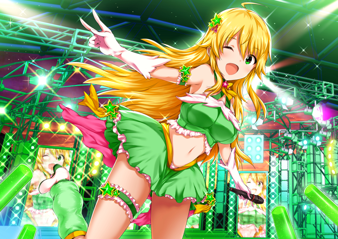 blonde_hair, elbow_gloves, gloves, green, green_eyes, hoshii_miki, idolmaster, long_hair, maruwa_tarou, microphone, navel, skirt, stars, wink