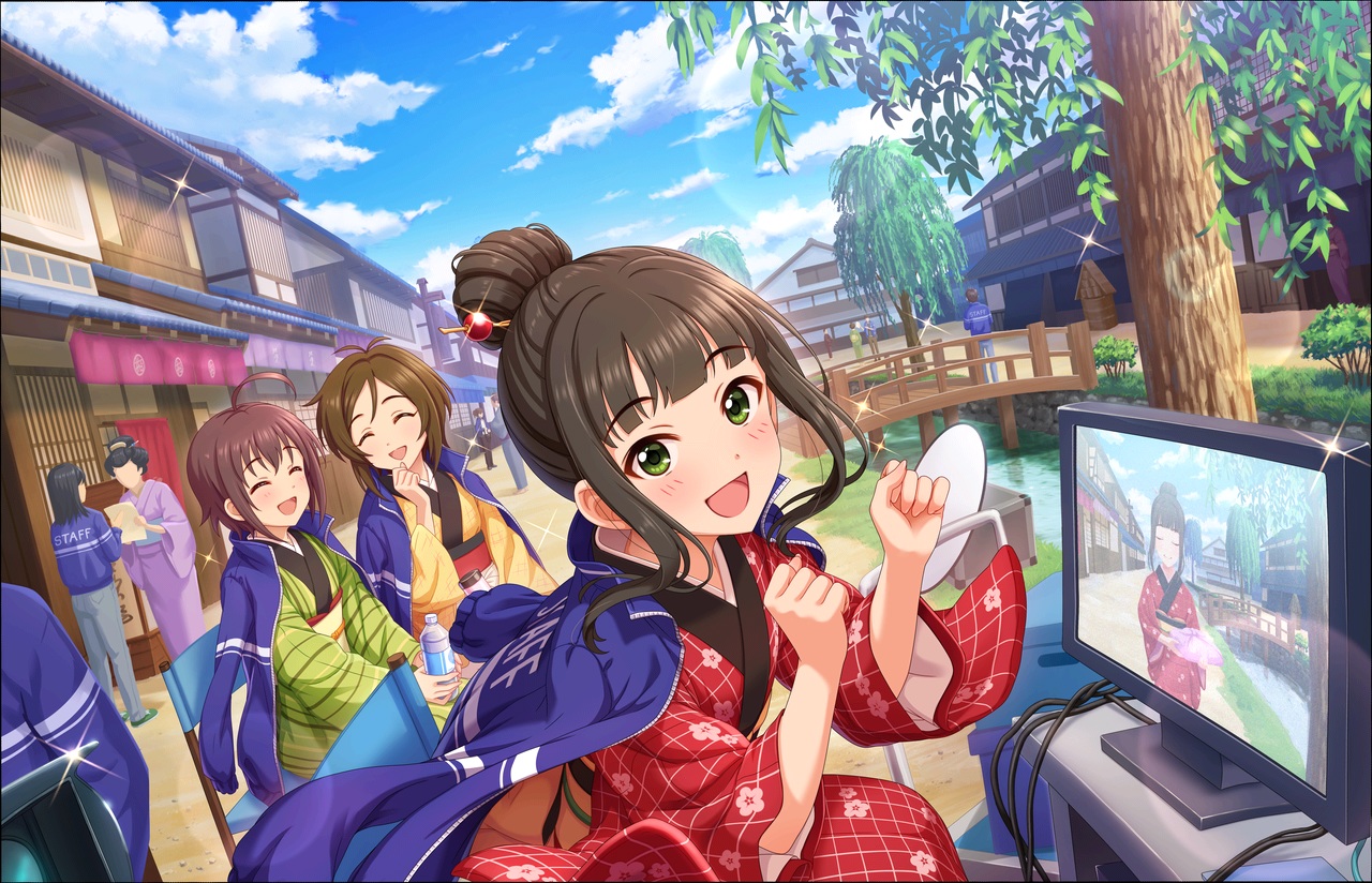 annin_doufu, black_hair, blush, brown_hair, building, clouds, doumyouji_karin, drink