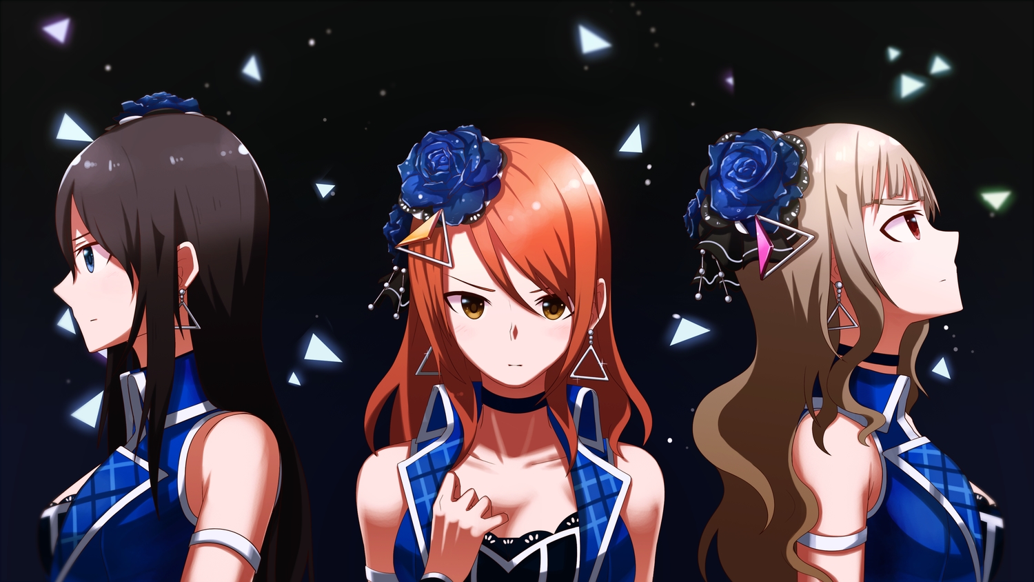 black_hair, blue_eyes, brown_eyes, brown_hair, flowers, houjou_karen, idolmaster, idolmaster_cinderella_girls, kamiya_nao, long_hair, orange_hair, red_eyes, rose, shibuya_rin, tyureu