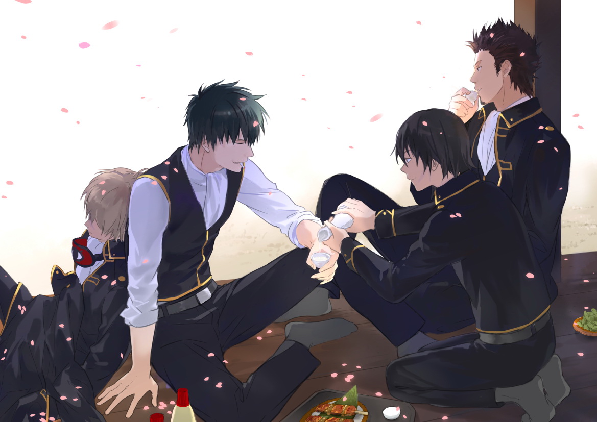 all_male, black_hair, brown_hair, drink, food, gintama, hijikata_toushirou, jpeg_artifacts, kondou_isao, loli_bushi, male, okita_sougo, petals, sake, short_hair, sleeping, yamazaki_sagaru