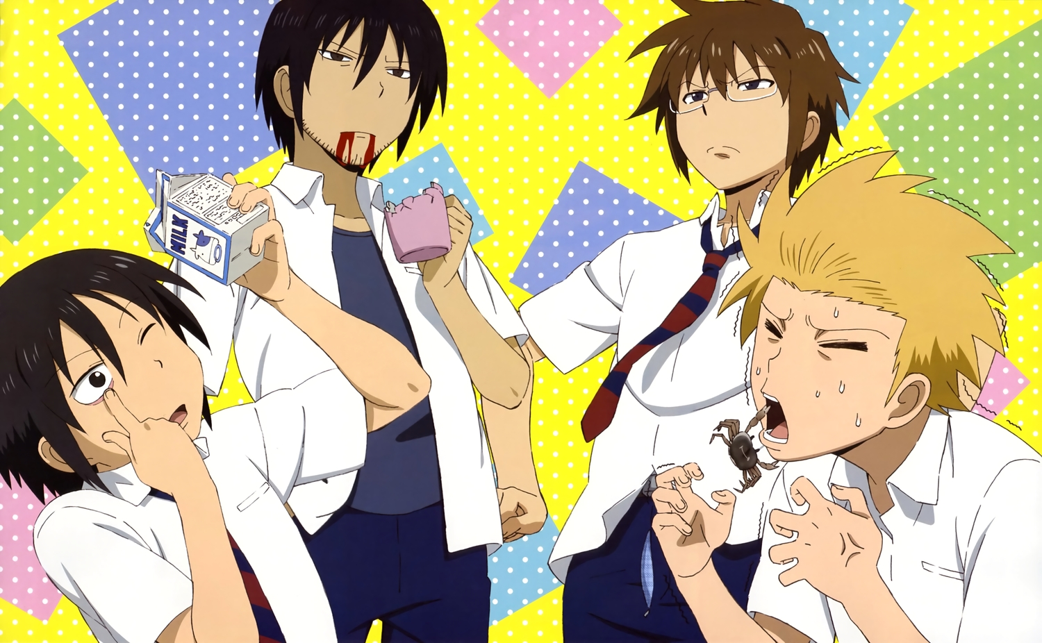 all_male, animal, black_eyes, black_hair, blonde_hair, blood, brown_hair, crab, danshi_koukousei_no_nichijou, glasses, group, male, motoharu, scan, short_hair, tabata_hidenori, tadakuni, tanaka_yoshitake, tie, wink, yumoto_yoshinori