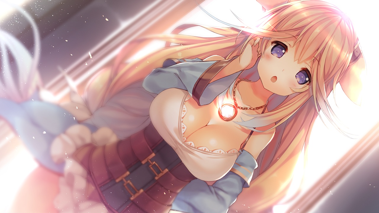 blonde_hair, blue_eyes, breasts, cleavage, dress, game_cg, karakara, karakara_2, long_hair, necklace, p19, rebecca_valentine