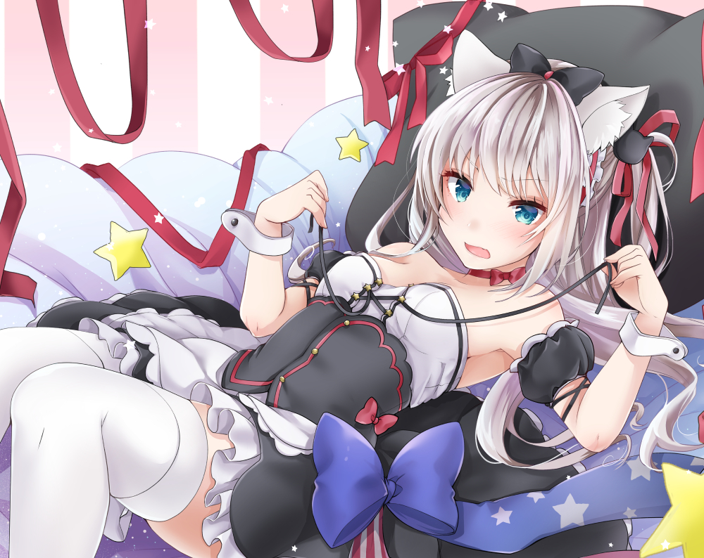 akatsuki_hijiri, animal_ears, anthropomorphism, aqua_eyes, azur_lane, bow, dress, gray_hair