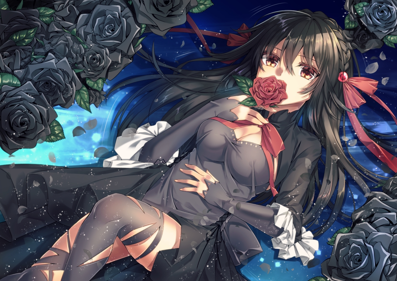 black_hair, breasts, brown_eyes, cleavage, dress, flowers, long_hair, original