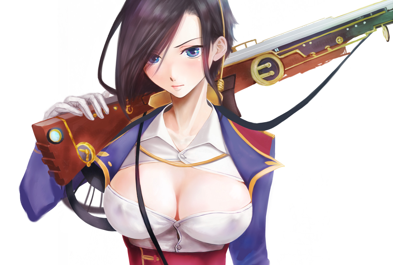 anthropomorphism, ark_royal_(azur_lane), azur_lane, black_hair, blue_eyes, breasts, cleavage, erect_nipples