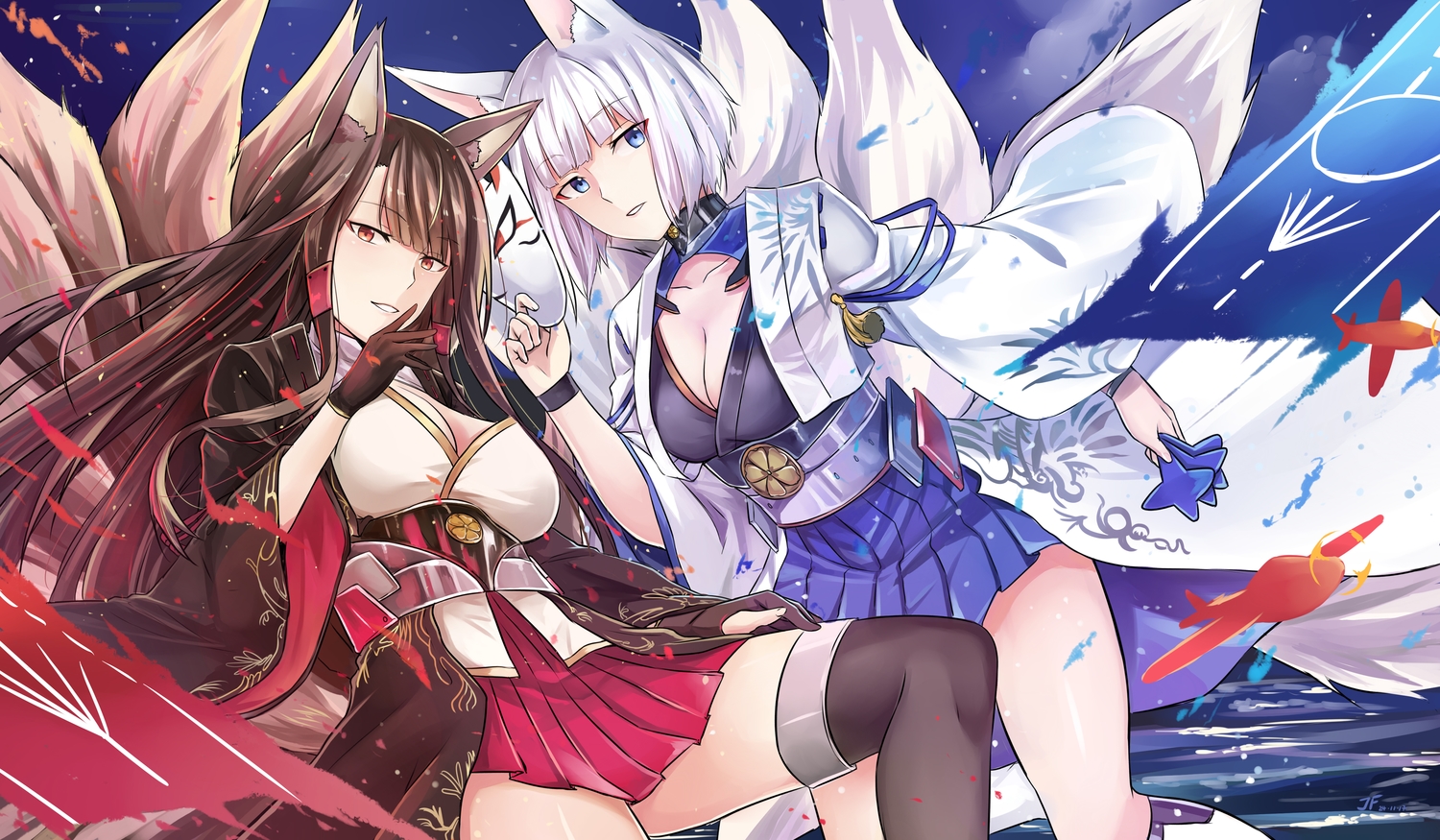 2girls, akagi_(azur_lane), animal_ears, anthropomorphism, azur_lane, blue_eyes, brown_hair, foxgirl, japanese_clothes, jeffrey10, kaga_(azur_lane), long_hair, mask, multiple_tails, red_eyes, short_hair, signed, skirt, tail, thighhighs, white_hair