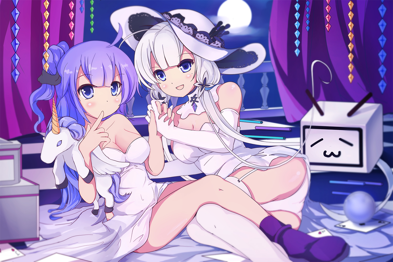 2girls, anthropomorphism, azur_lane, breasts, cleavage, clouds, dress, duoladameng, elbow_gloves, gloves, hat, illustrious_(azur_lane), long_hair, moon, night, panties, purple_eyes, purple_hair, sky, stockings, underwear, unicorn_(azur_lane), white_hair