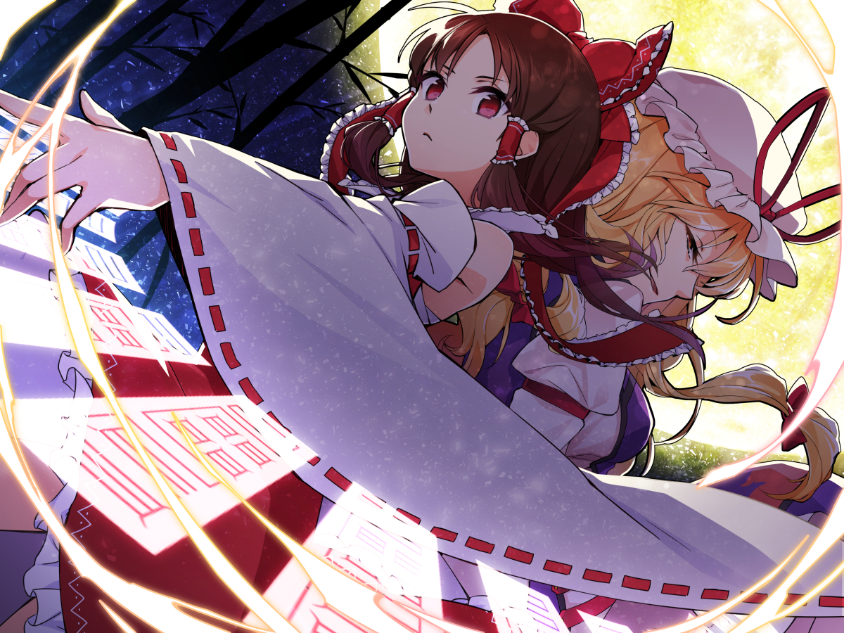 2girls, blonde_hair, bow, brown_hair, cielo_oceano, hakurei_reimu, hat, japanese_clothes, long_hair, miko, moon, ofuda, red_eyes, short_hair, touhou, yakumo_yukari, yellow_eyes