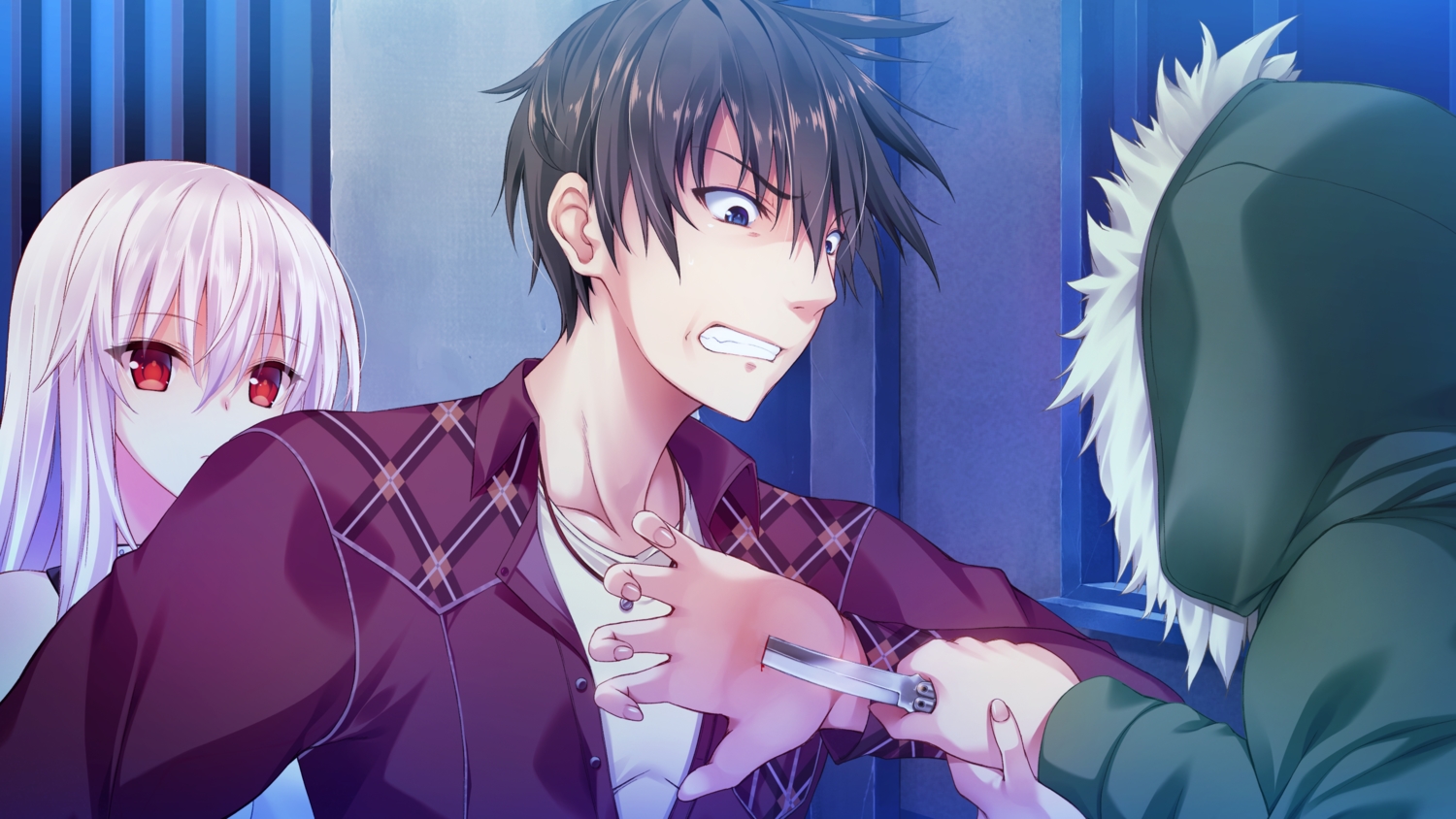 black_hair, blood, blue_eyes, bug_system, daichi_shoutarou, farah_perellies, game_cg, haze_man_-_the_local_hero_-, hood, knife, long_hair, male, nakatama_kyou, necklace, red_eyes, short_hair, white_hair
