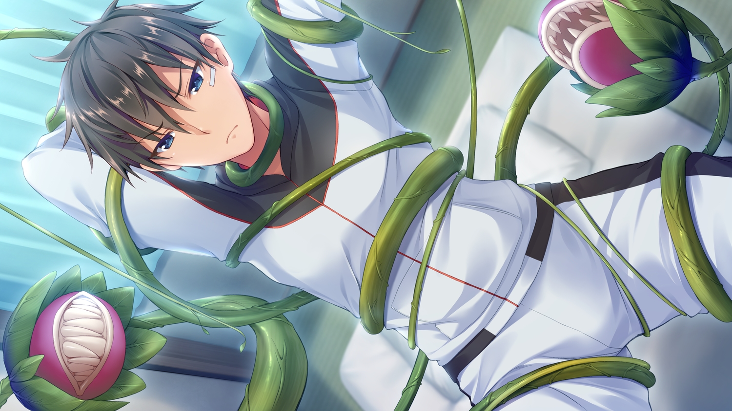 all_male, aqua_eyes, bandaid, black_hair, bug_system, daichi_shoutarou, flowers, game_cg