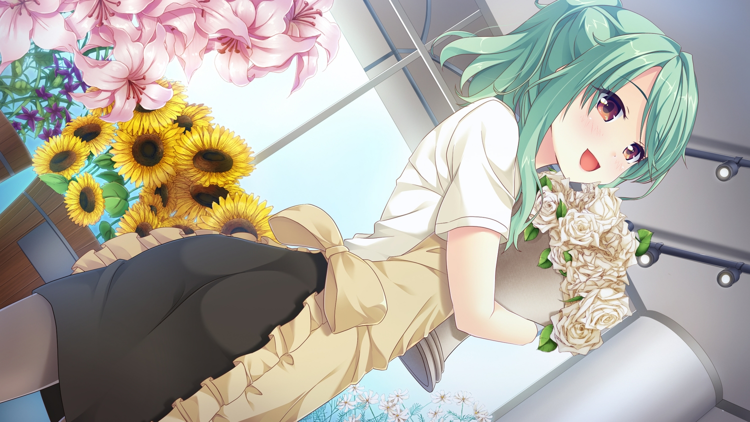 apron, ass, brown_eyes, flowers, game_cg, green_hair, kitaooji_karen, making_lovers