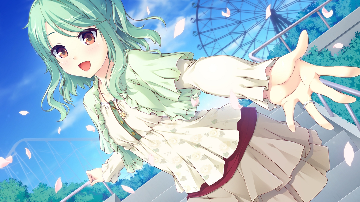 brown_eyes, clouds, game_cg, green_hair, kitaooji_karen, making_lovers, necklace, petals