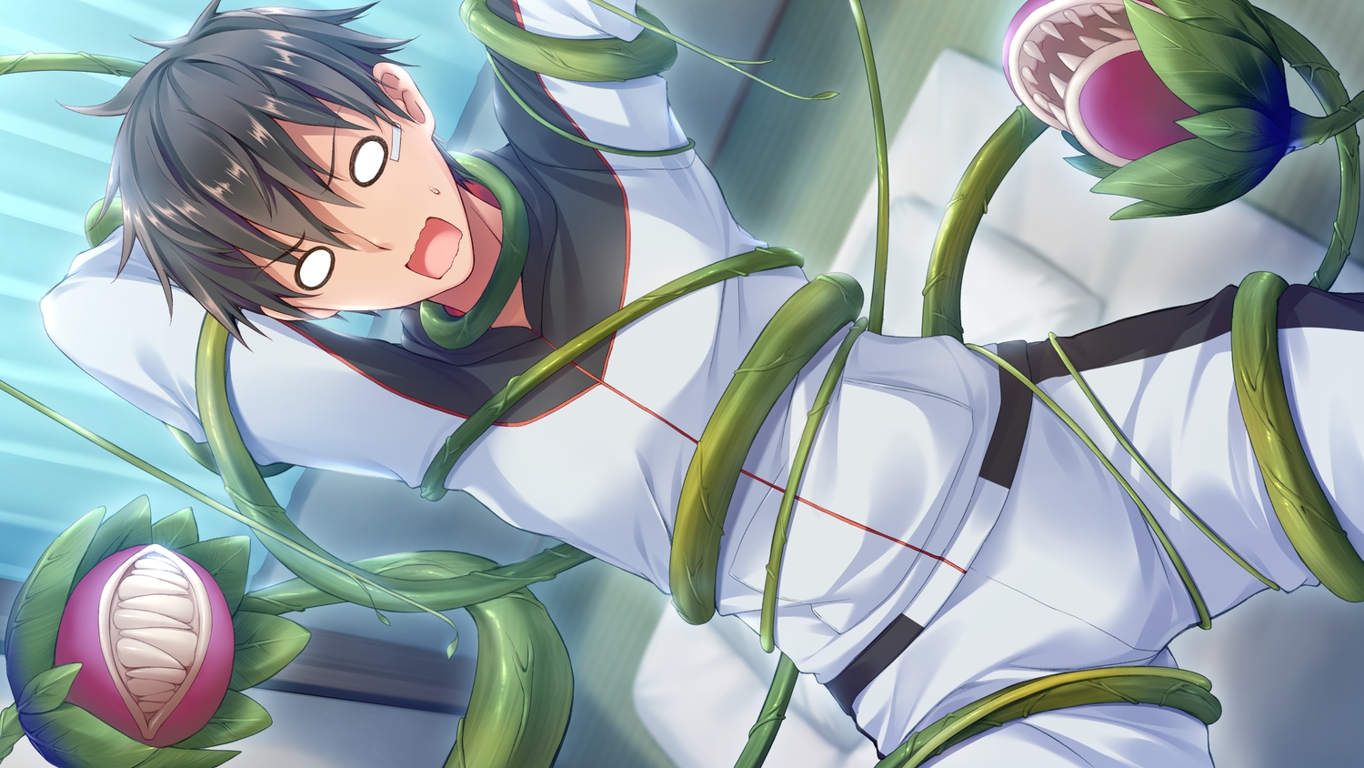 all_male, bandaid, black_hair, bug_system, daichi_shoutarou, flowers, game_cg, haze_man_-_the_local_hero_-