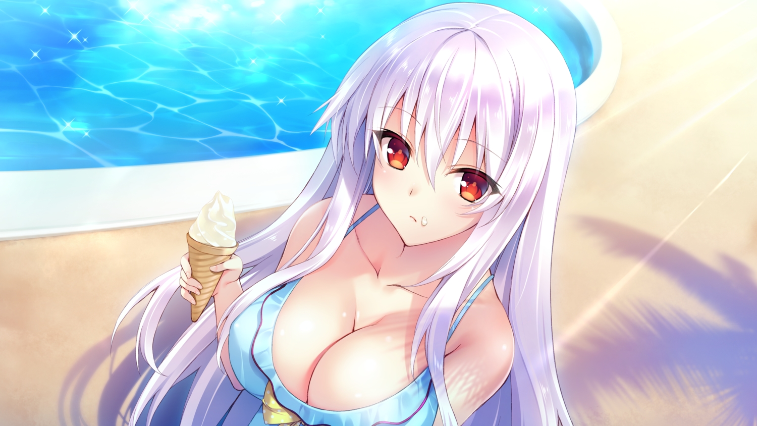 bikini, blush, breasts, bug_system, cleavage, farah_perellies, food, game_cg