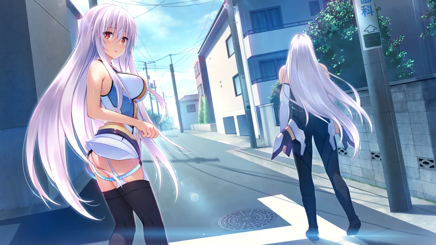 2girls, ass, bodysuit, breasts, bug_system, building, city, clouds