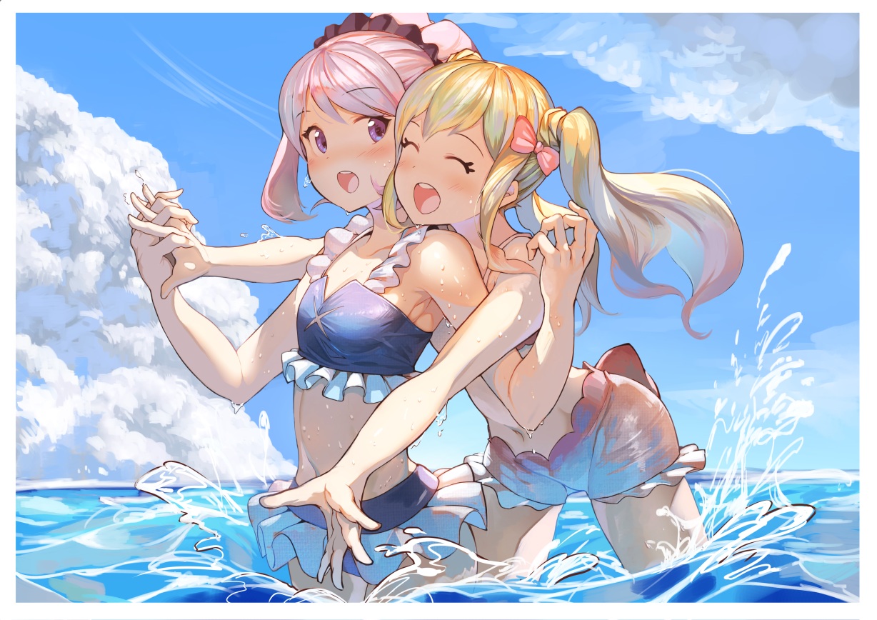 2girls, aikatsu!, bikini, blonde_hair, blush, bow, clouds, koruse, nijino_yume, pink_hair, purple_eyes, sakuraba_rola, shoujo_ai, skirt, sky, swimsuit, twintails, water, wet