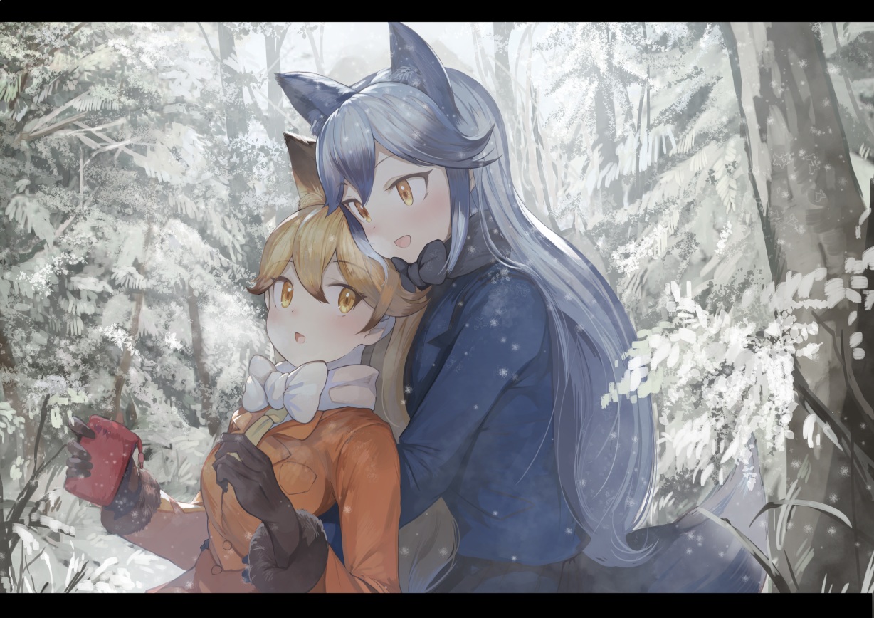 2girls, animal_ears, anthropomorphism, blonde_hair, bow, drink, foxgirl, gloves