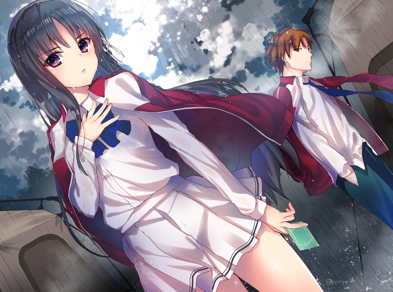 ayanokoji_kiyotaka, black_hair, brown_eyes, brown_hair, horikita_suzune, long_hair, male, purple_eyes, rain, ribbons, school_uniform, short_hair, skirt, tie, water, youkoso_jitsuryoku_shijou_shugi_no_kyoushitsu_e, yu-yu_(devi-cra)
