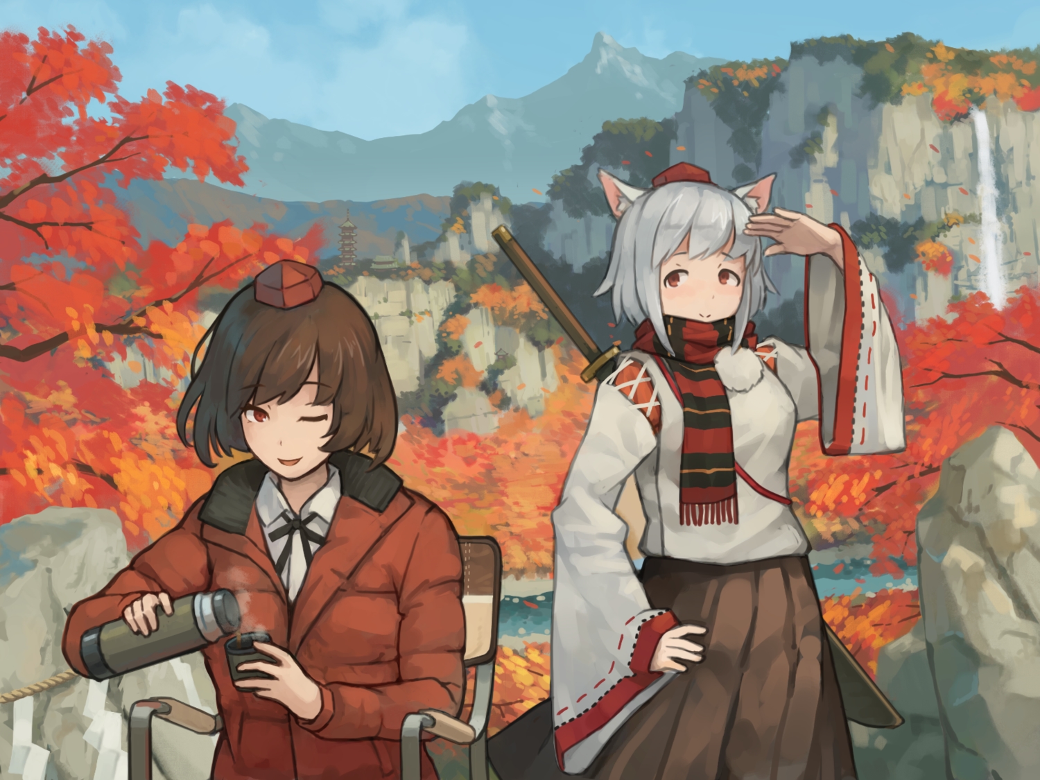 2girls, animal_ears, autumn, brown_eyes, brown_hair, clouds, drink, gray_hair